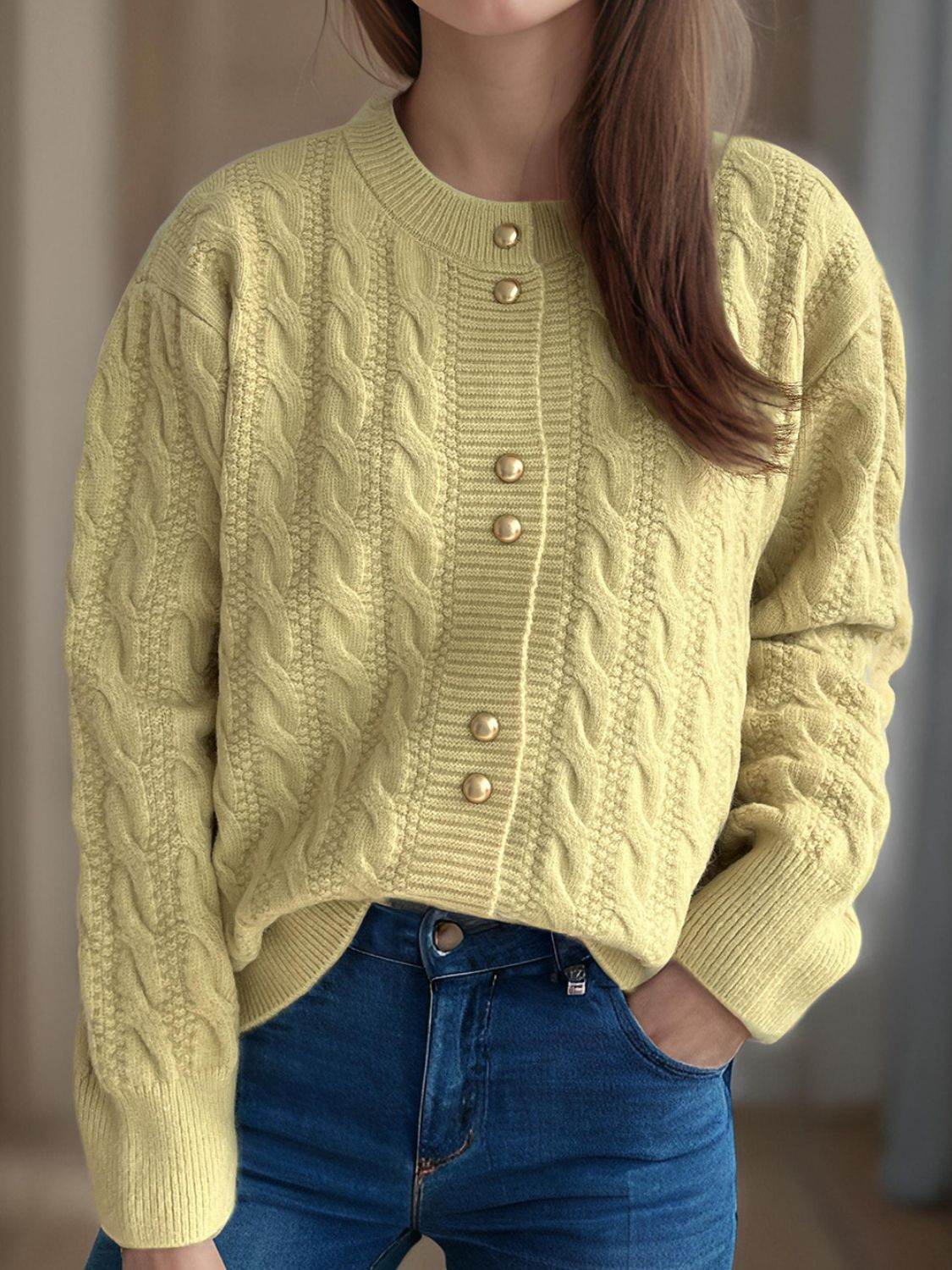 Cable-Knit Round Neck Long Sleeve Cardigan - Delanoir