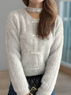 Cutout Knot Button Long Sleeve Cardigan - Delanoir