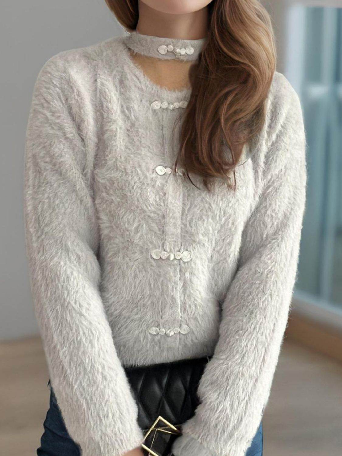 Cutout Knot Button Long Sleeve Cardigan - Delanoir