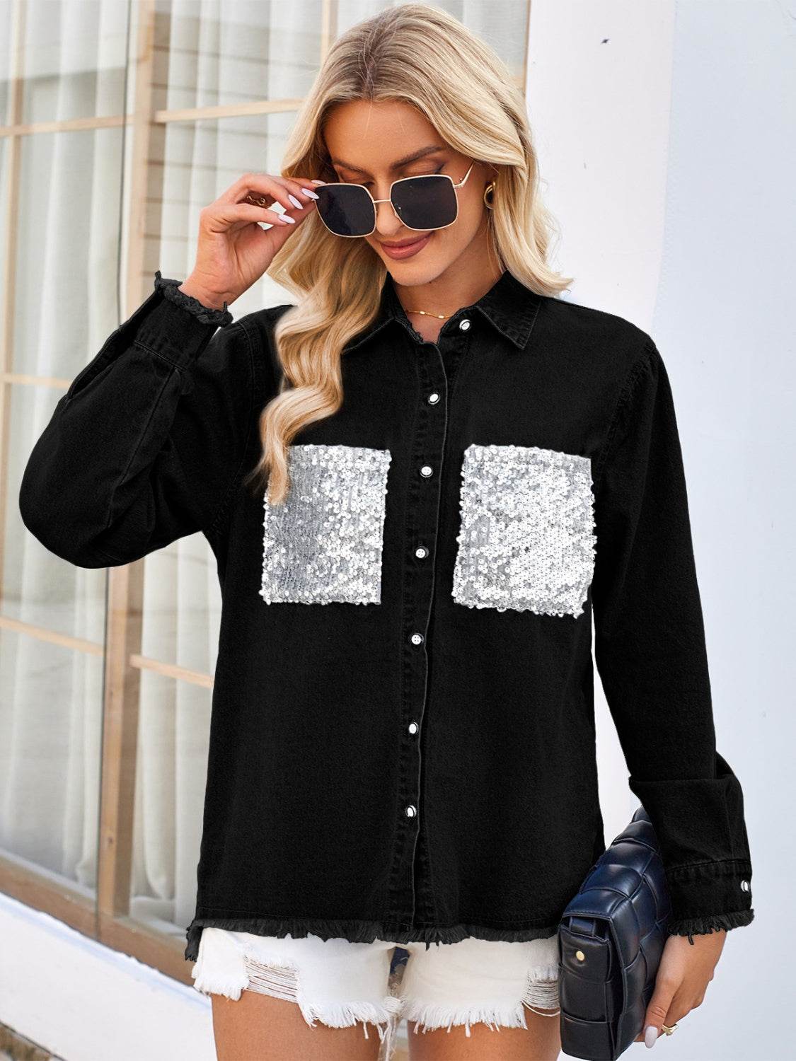 Raw Hem Button Up Long Sleeve Denim Jacket with Sequin Pockets - Delanoir