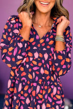 Printed Notched Long Sleeve Dress - Delanoir