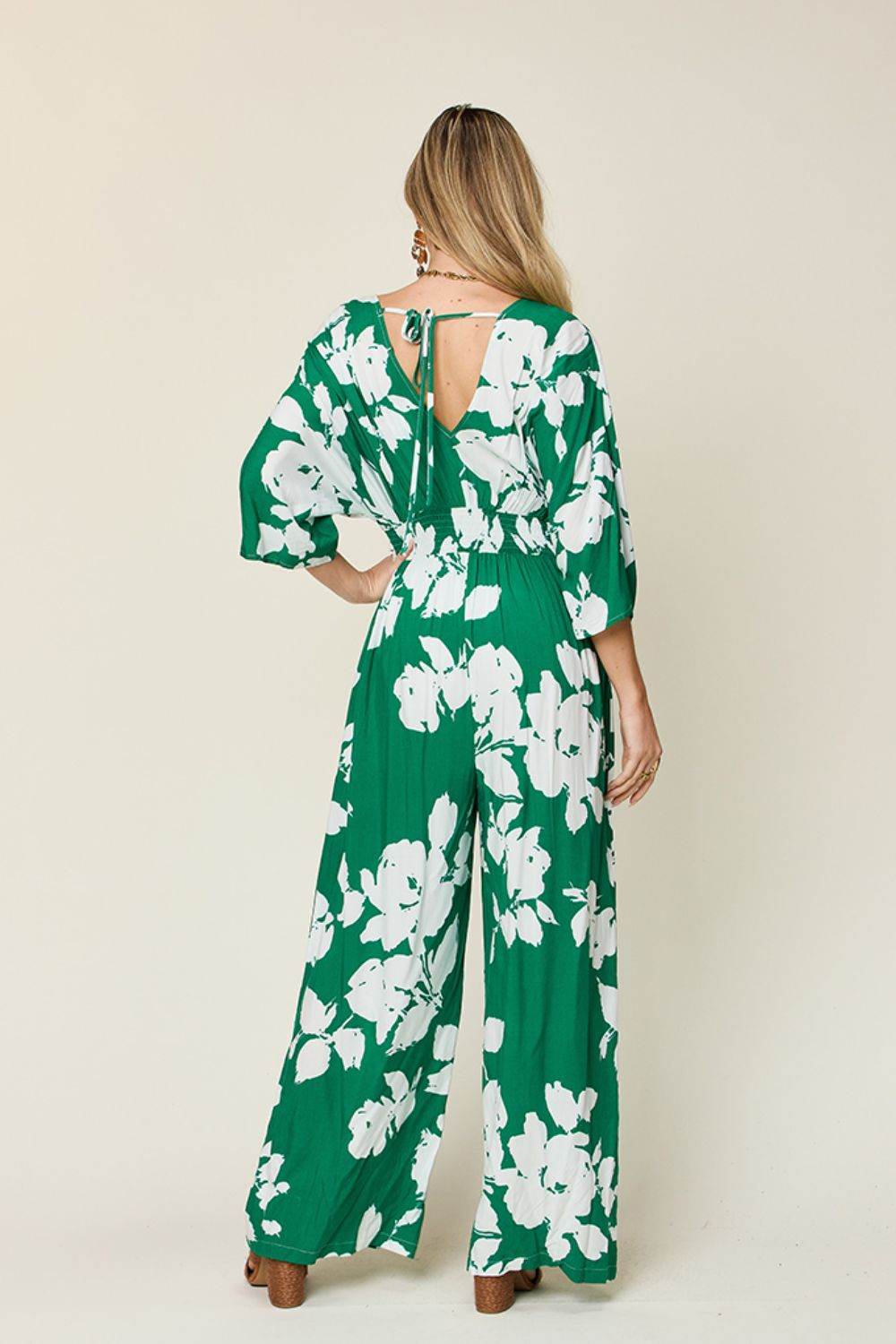 Double Take Full Size Printed Tie Back Wide Leg Jumpsuit - Delanoir