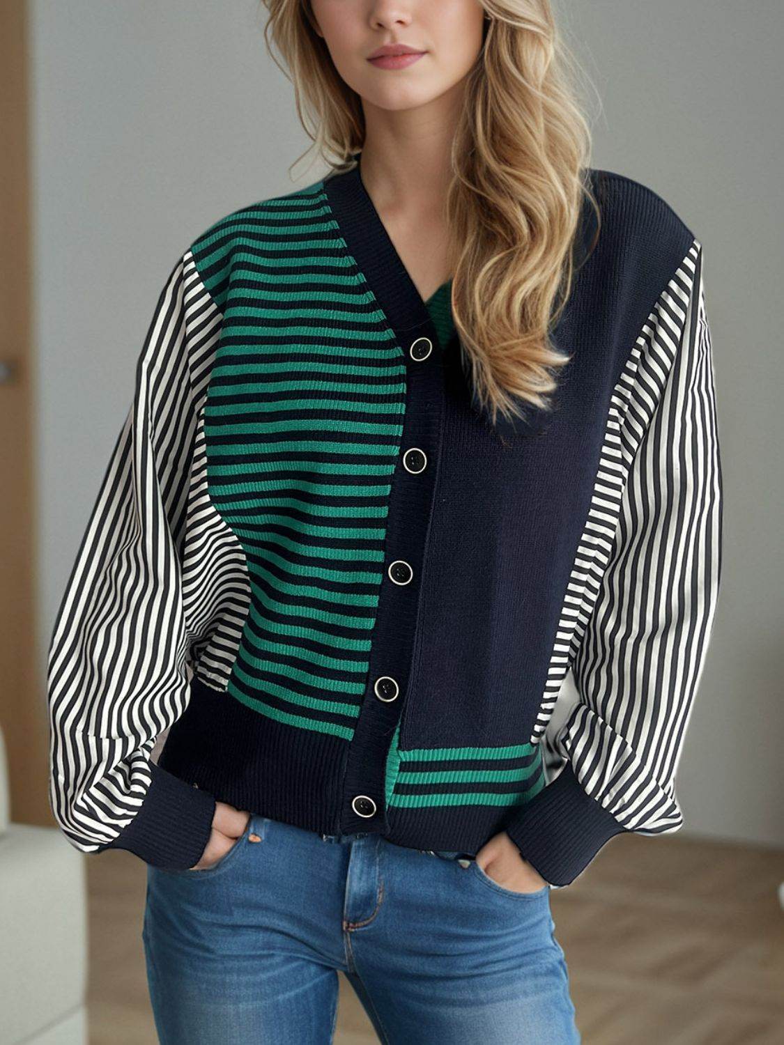 Striped Button Down Long Sleeve Cardigan - Delanoir