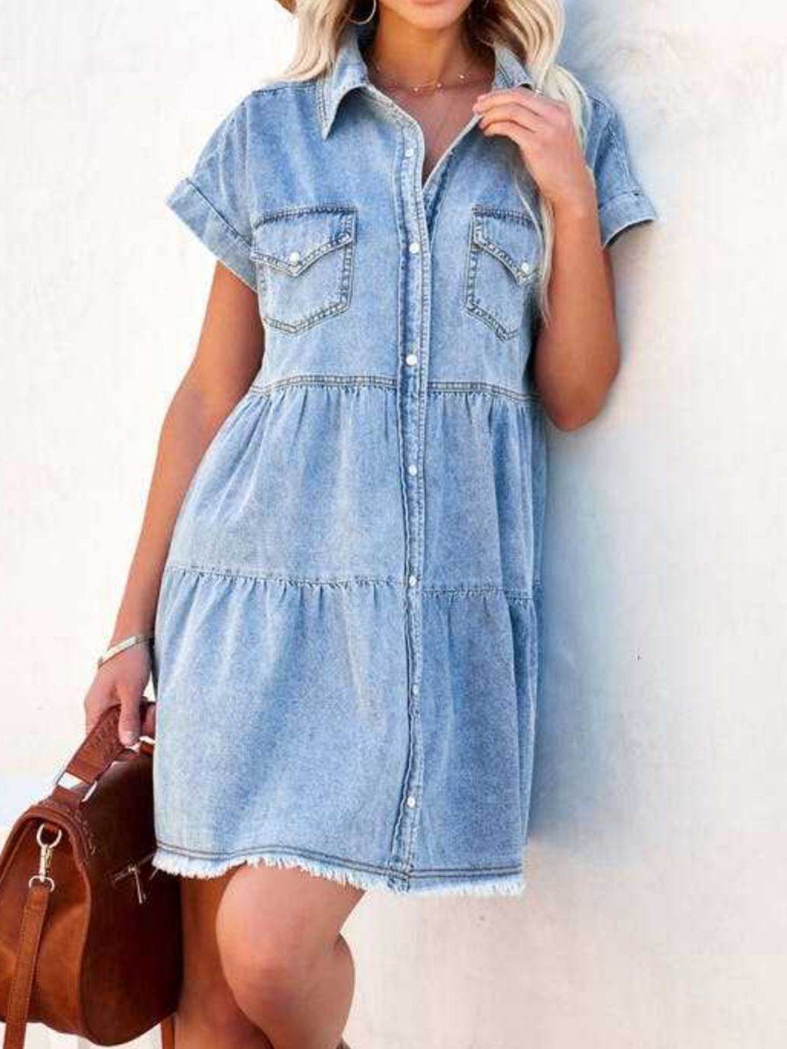Raw Hem Short Sleeve Denim Dress - Delanoir