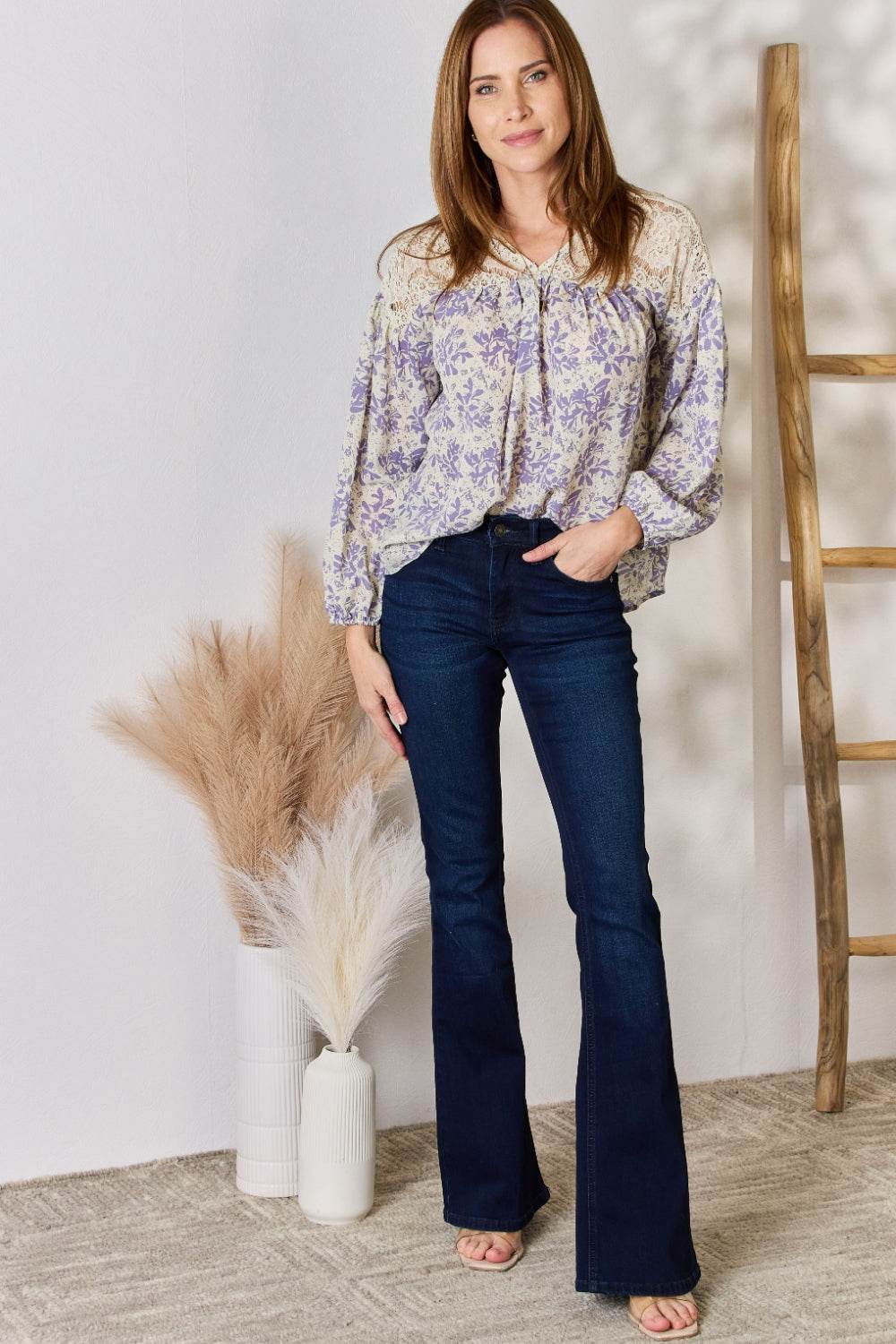 Hailey & Co Full Size Lace Detail Printed Blouse - Delanoir
