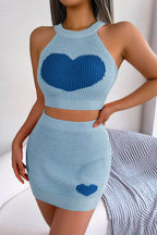 Heart Contrast Ribbed Sleeveless Knit Top and Skirt Set - Delanoir