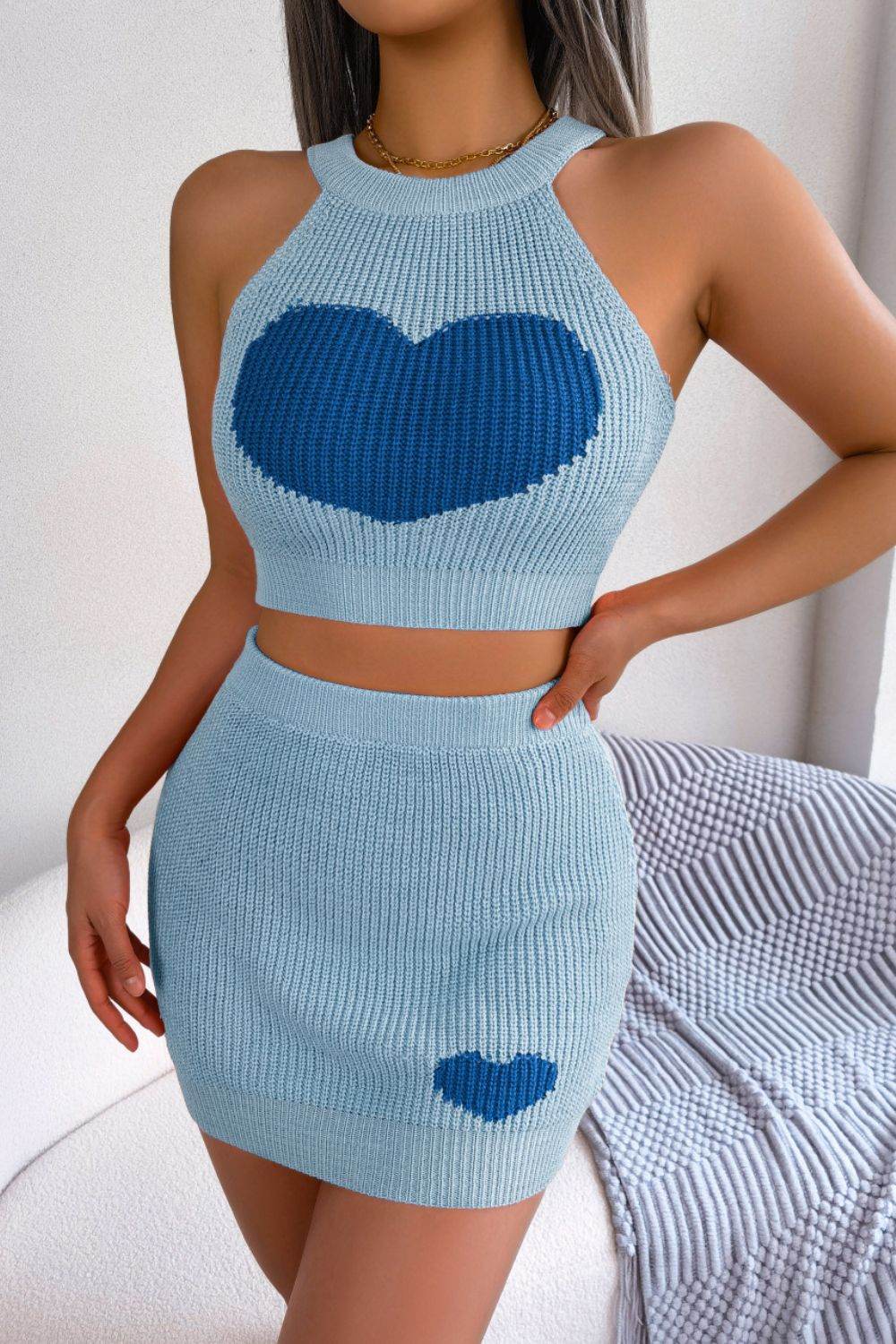 Heart Contrast Ribbed Sleeveless Knit Top and Skirt Set - Delanoir