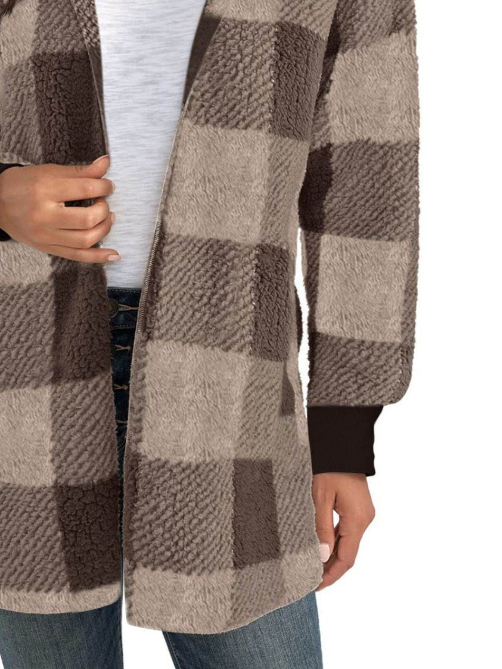 Plaid Long Sleeve Hooded Coat - Delanoir
