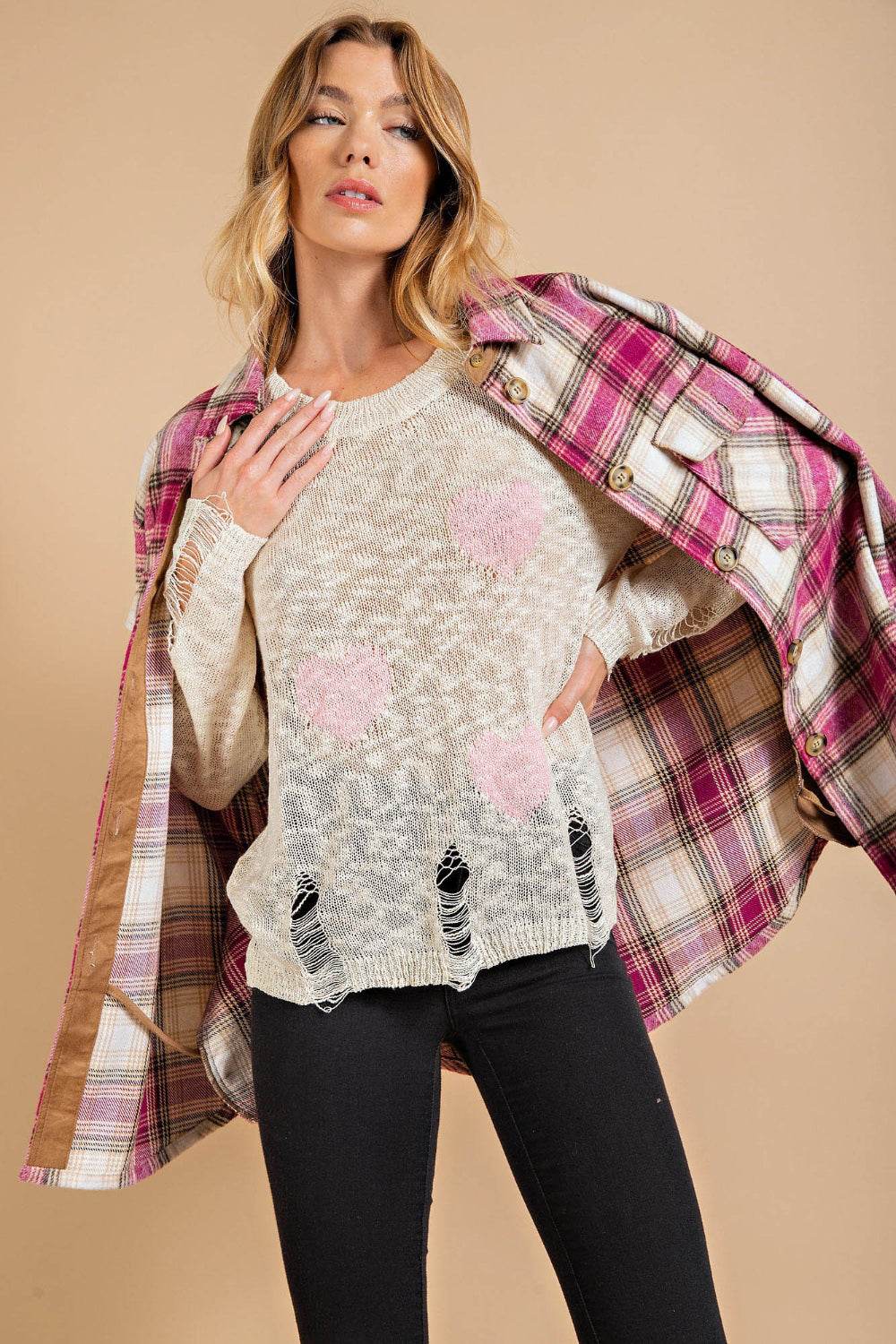 Kori America Heart Pattern Distressed Sweater - Delanoir