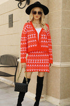 Geometric Dropped Shoulder Cardigan and Knit Skirt Set - Delanoir