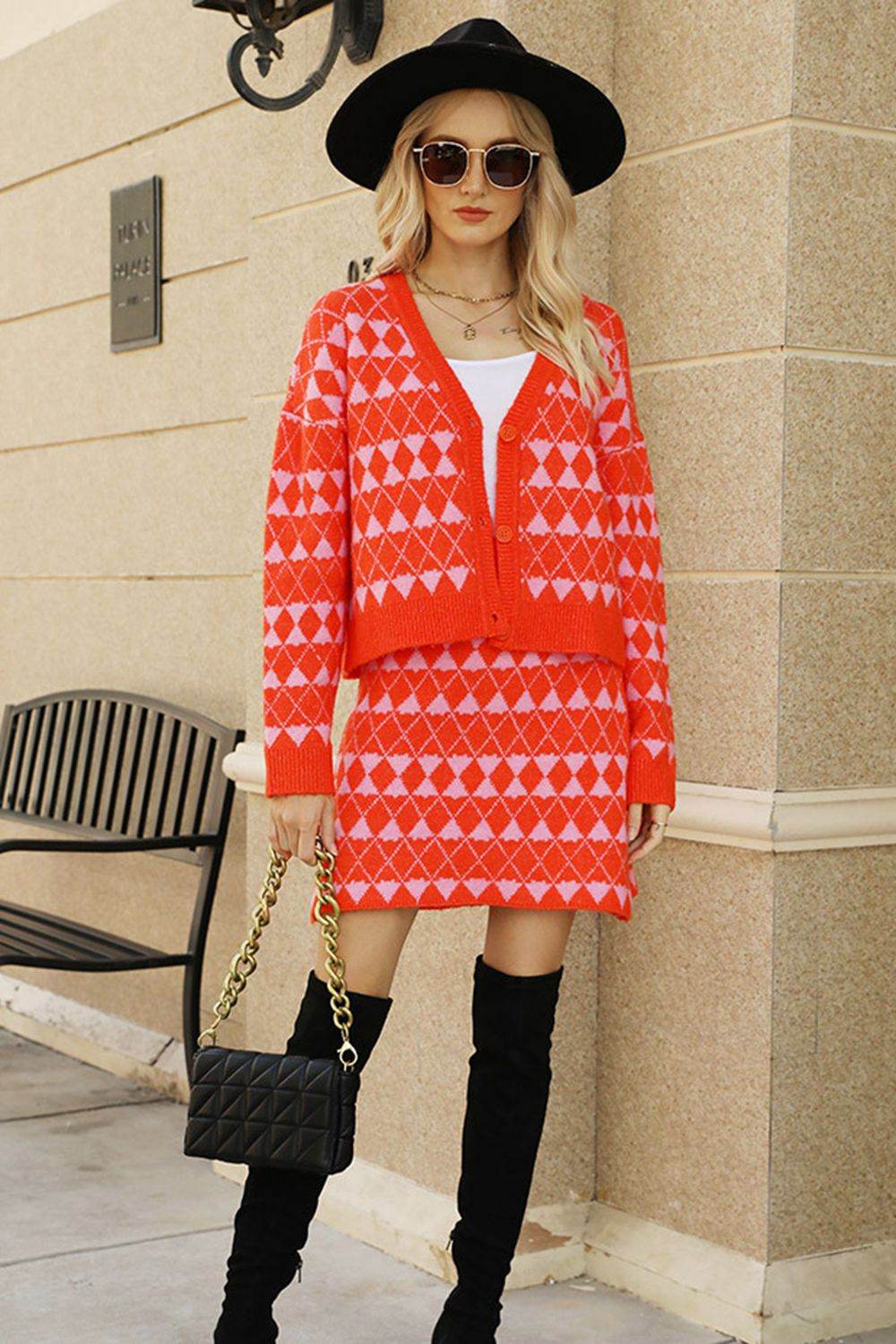 Geometric Dropped Shoulder Cardigan and Knit Skirt Set - Delanoir