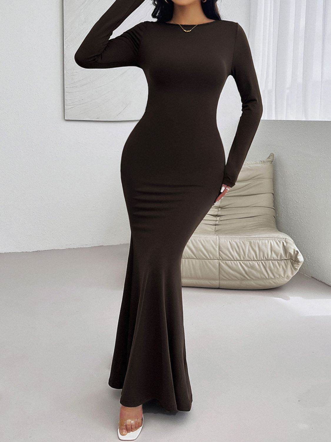 Devine Backless Round Neck Long Sleeve Maxi Dress - Delanoir