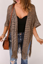 Fringe Hem Slit Open Front Cardigan - Delanoir