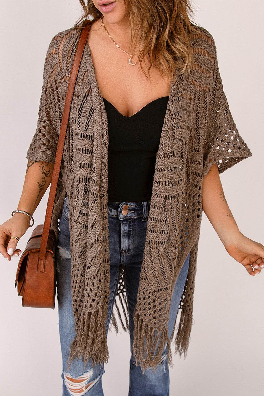 Fringe Hem Slit Open Front Cardigan - Delanoir