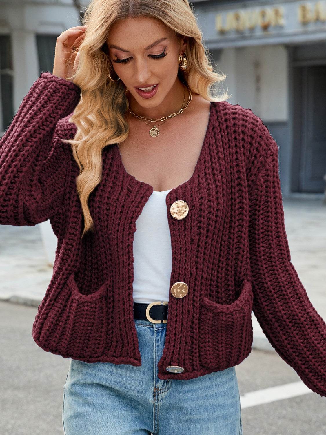 Round Neck Button Up Cardigan with Pockets - Delanoir