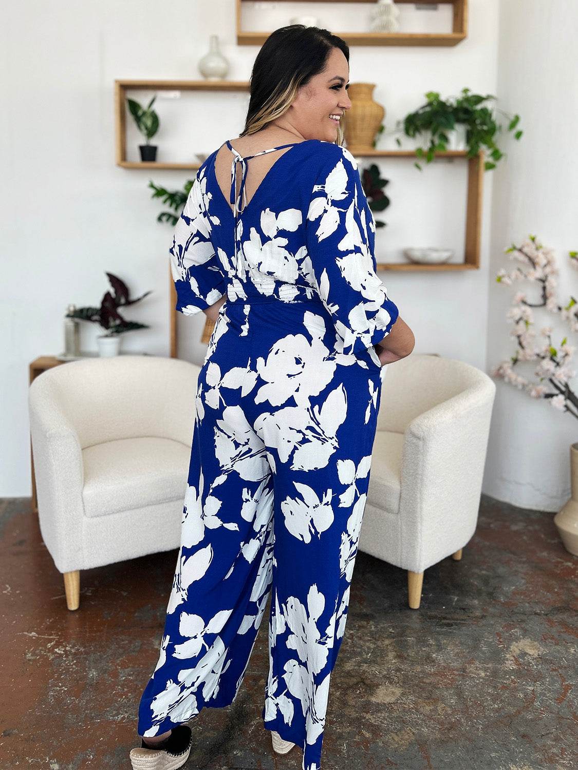 Double Take Full Size Printed Tie Back Wide Leg Jumpsuit - Delanoir