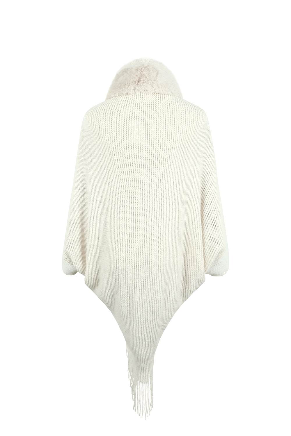 Striped Fringe Detail Long Sleeve Poncho - Delanoir
