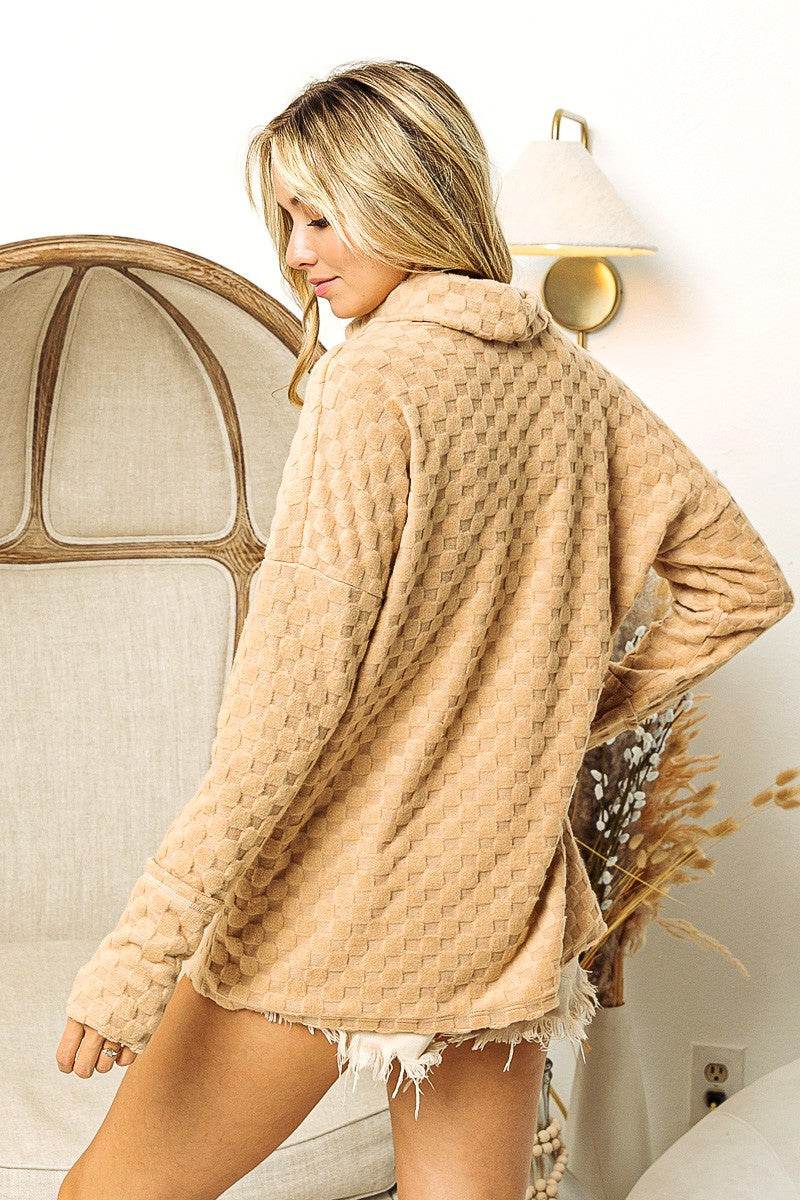 BiBi Checkered Round Neck Thumbhole Long Sleeve Top - Delanoir