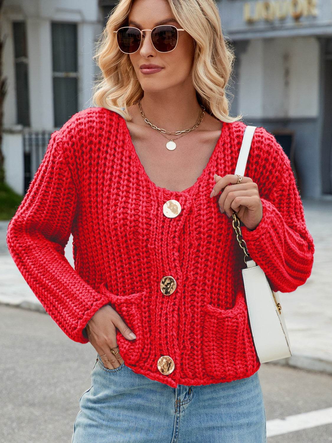 Round Neck Button Up Cardigan with Pockets - Delanoir