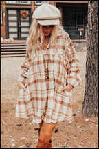 Plaid Collared Neck Long Sleeve Mini Shirt Dress - Delanoir