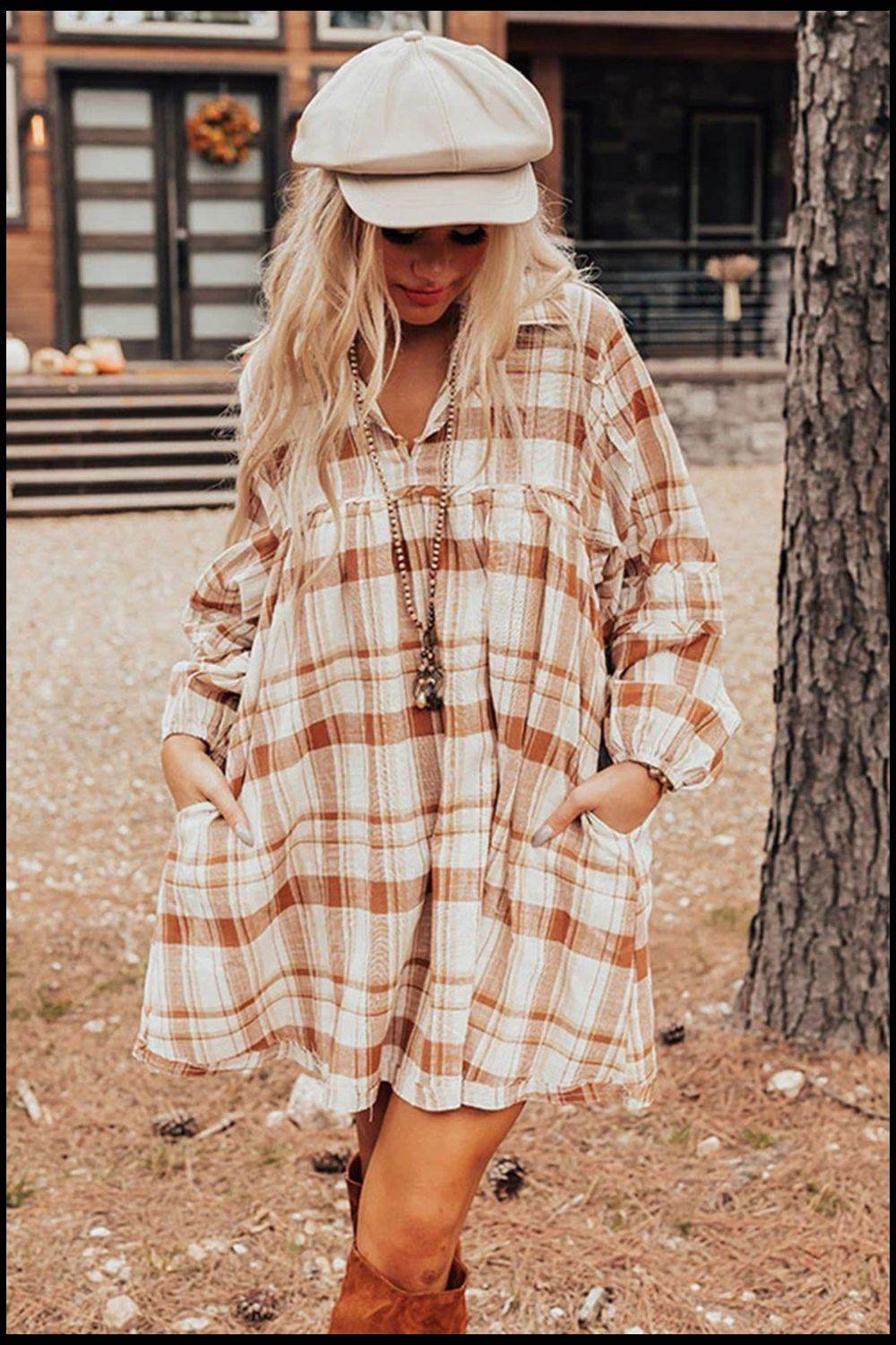 Plaid Collared Neck Long Sleeve Mini Shirt Dress - Delanoir