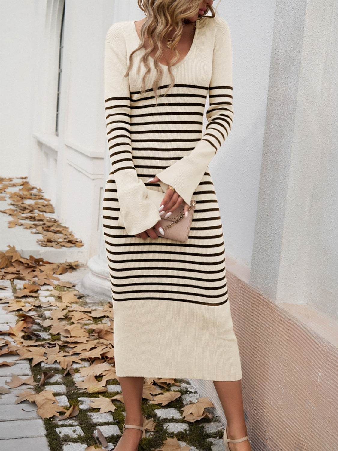 Devine Striped V-Neck Long Sleeve Sweater Dress - Delanoir