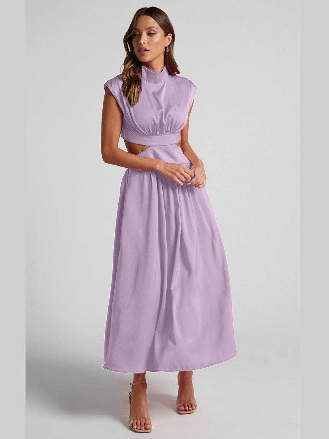 Cutout Mock Neck Sleeveless Ruched Dress - Delanoir
