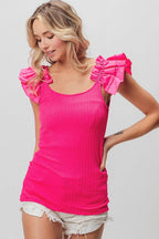 BiBi Ruffled Shoulder Strap Rib Texture Top - Delanoir