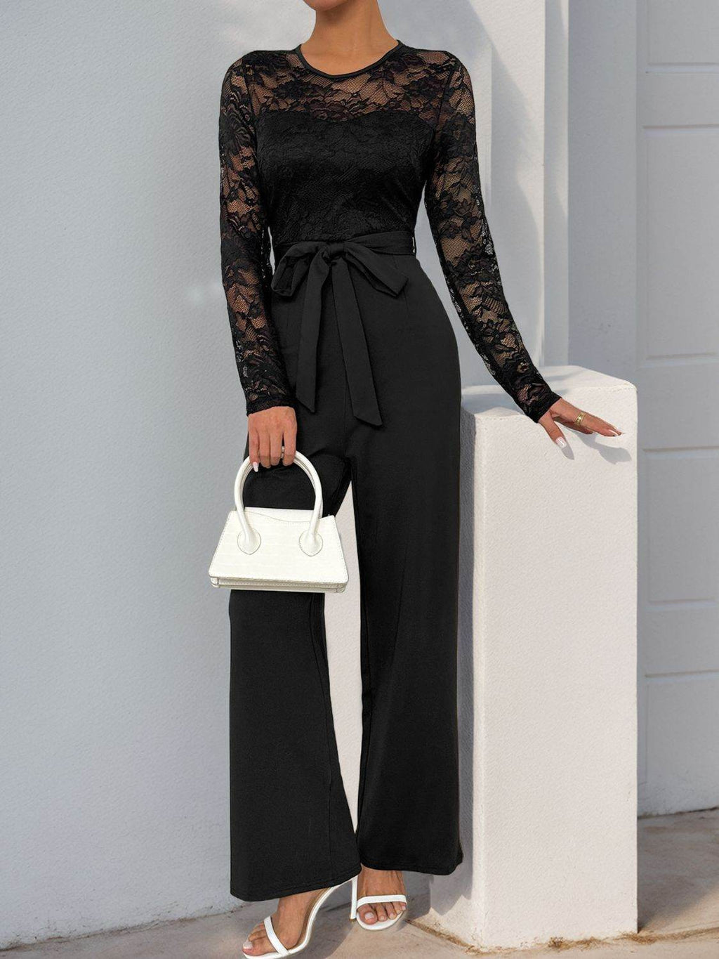 Perfee Lace Round Neck Long Sleeve Jumpsuit - Delanoir