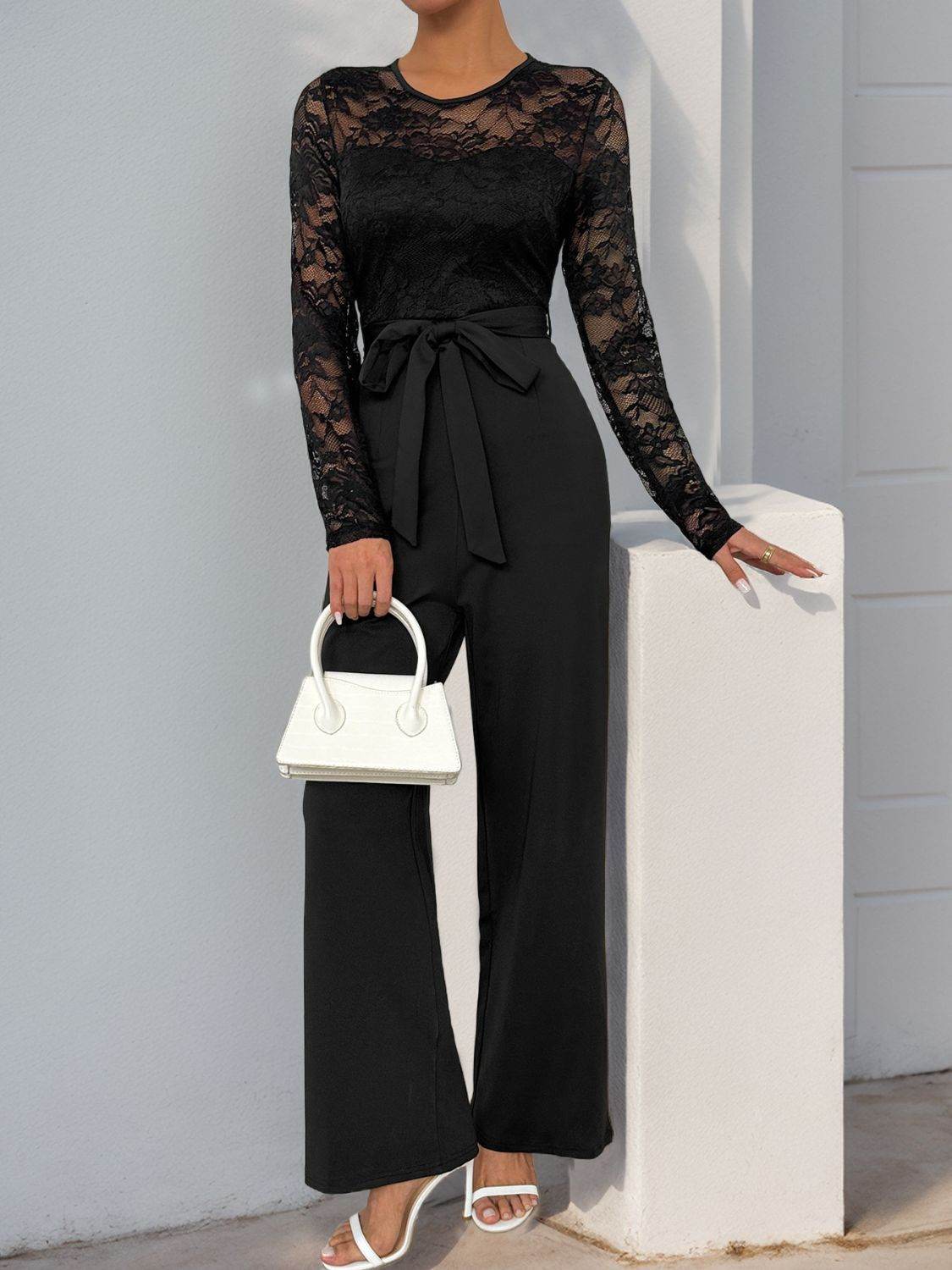 Perfee Lace Round Neck Long Sleeve Jumpsuit - Delanoir