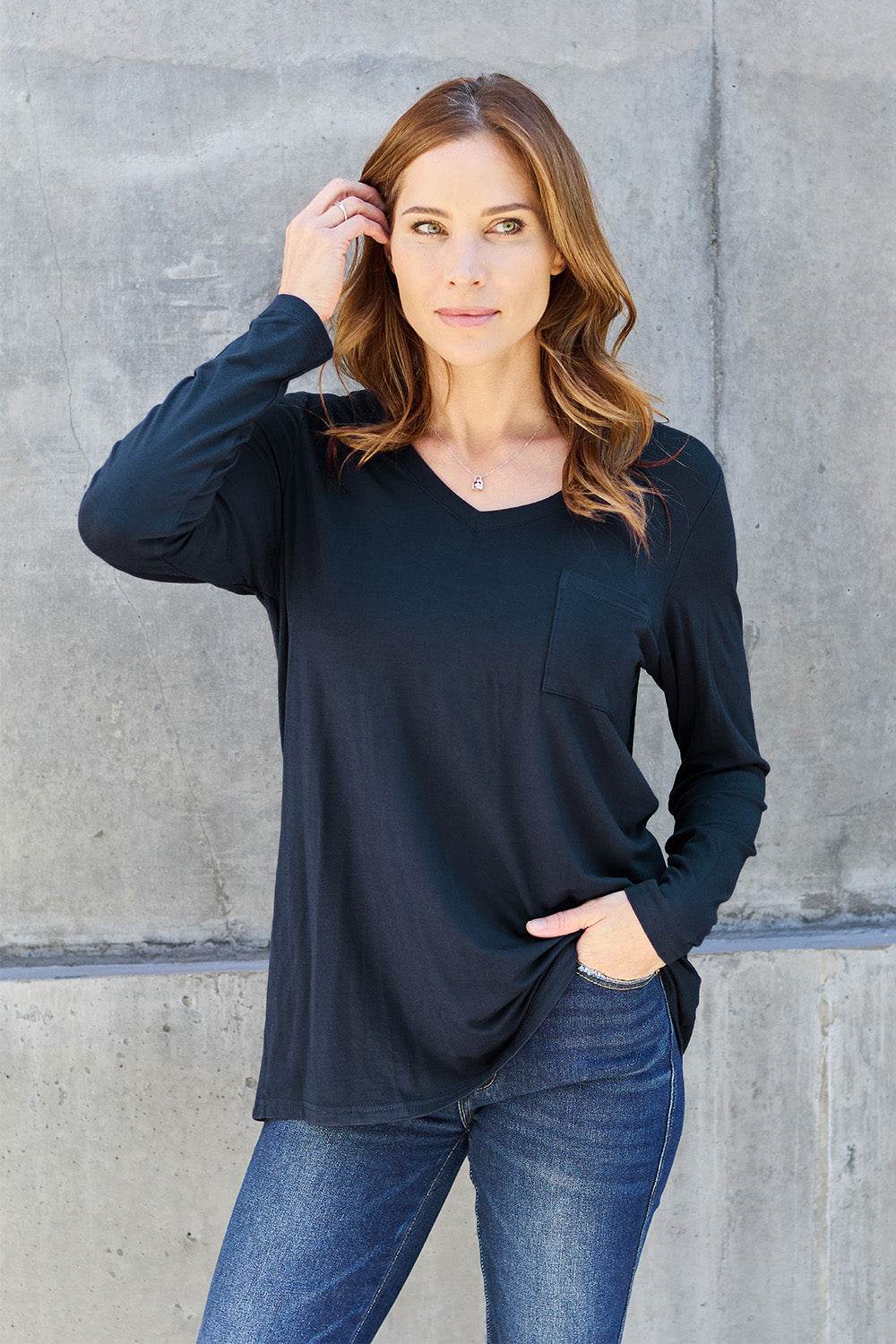 Basic Bae Full Size V-Neck Long Sleeve Top - Delanoir