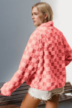 Double Take Checkered Long Sleeve Fuzzy Jacket - Delanoir
