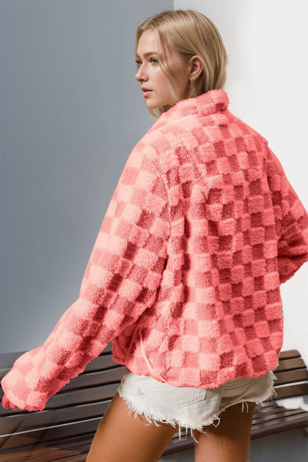 Double Take Checkered Long Sleeve Fuzzy Jacket - Delanoir