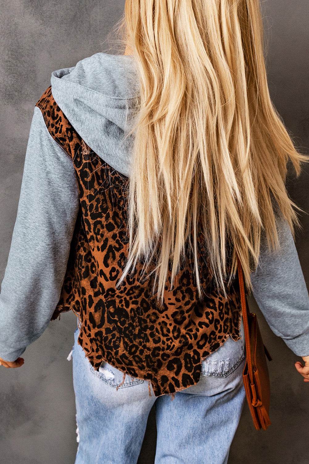 Leopard Distressed Drawstring Hooded Denim Jacket - Delanoir
