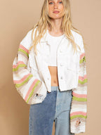 Distressed Striped Long Sleeve Denim Jacket - Delanoir