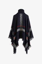 Plaid Turtleneck Raw Hem Poncho - Delanoir