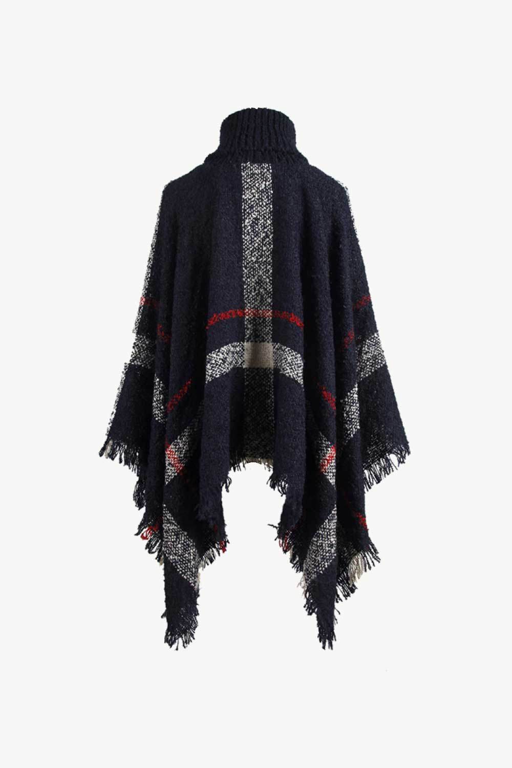 Plaid Turtleneck Raw Hem Poncho - Delanoir
