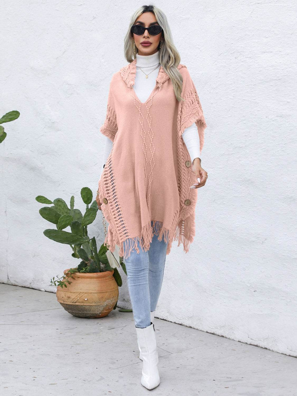 Fringe Trim Buttoned Hooded Poncho - Delanoir