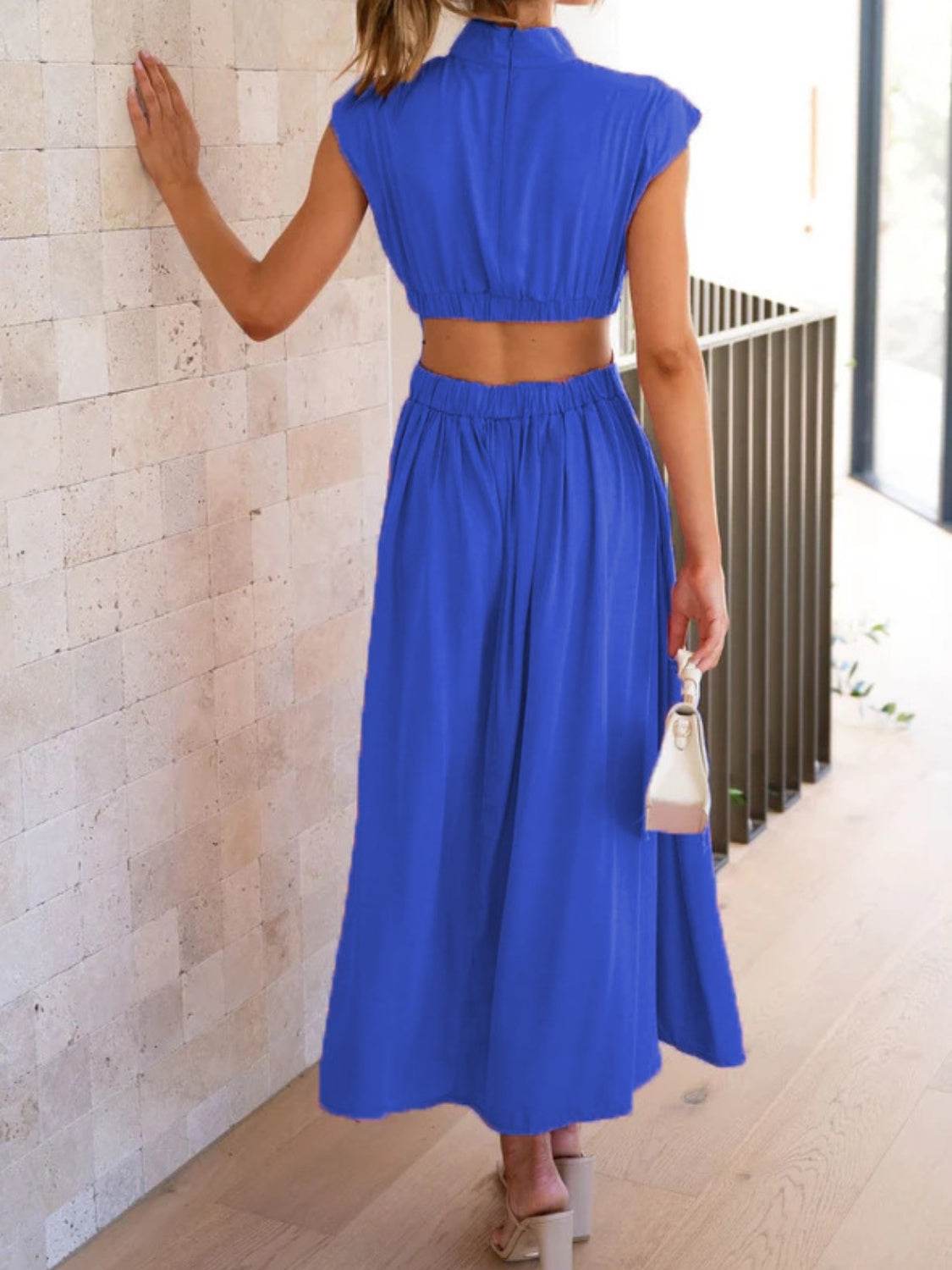 Cutout Mock Neck Sleeveless Ruched Dress - Delanoir