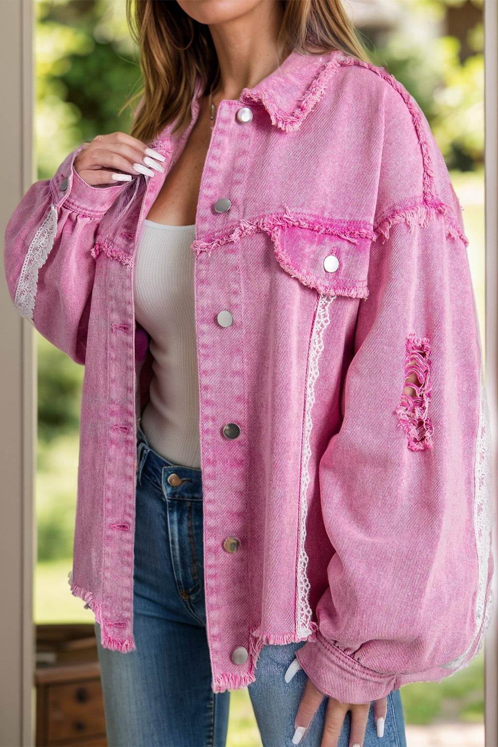 Lace Detail Distressed Raw Hem Long Sleeve Denim Jacket - Delanoir