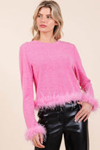 Mittoshop Feather Trim Long Sleeve Crop Hacci Knit Top - Delanoir