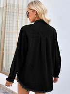 Raw Hem Button Up Long Sleeve Denim Jacket with Sequin Pockets - Delanoir