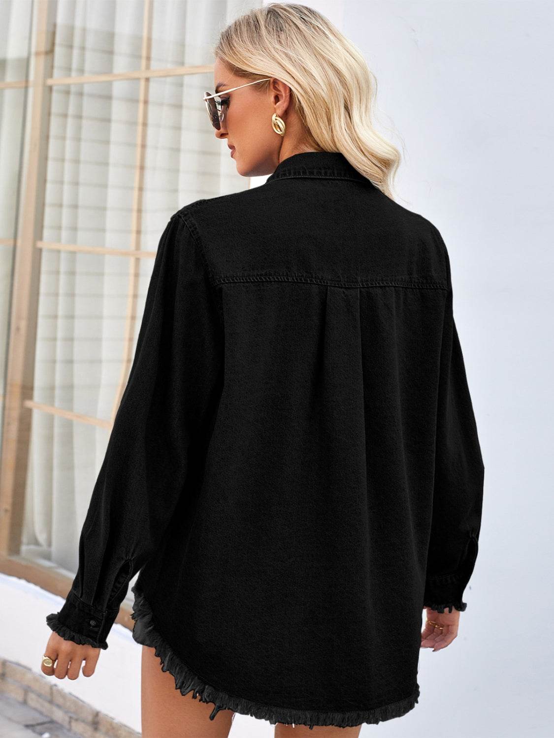 Raw Hem Button Up Long Sleeve Denim Jacket with Sequin Pockets - Delanoir