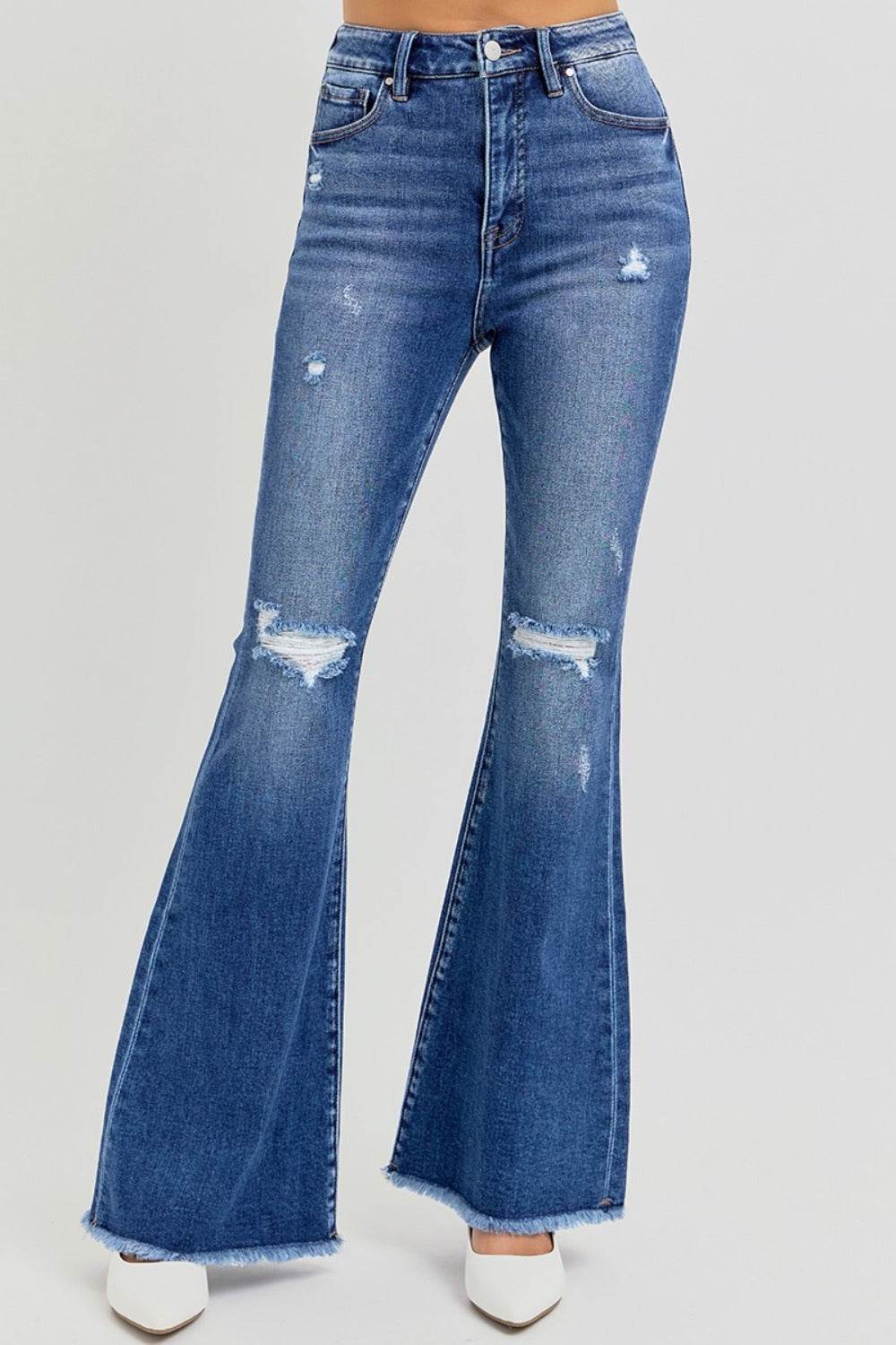 RISEN Full Size High Rise Distressed Raw Hem Flare Jeans - Delanoir