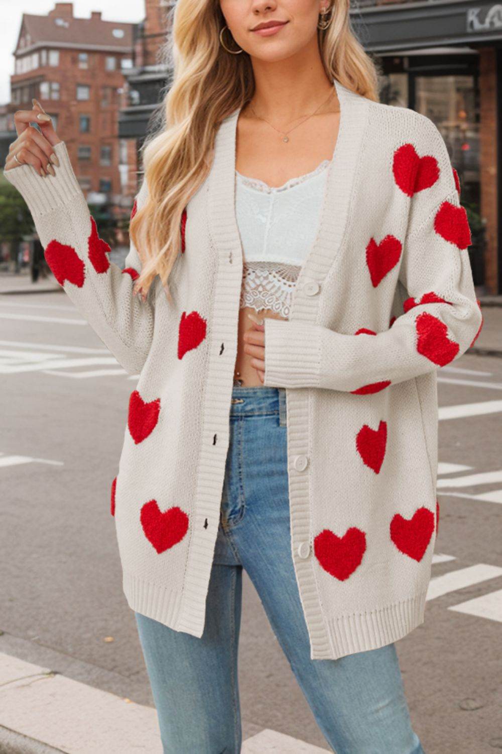 Heart Button Down Long Sleeve Cardigan - Delanoir