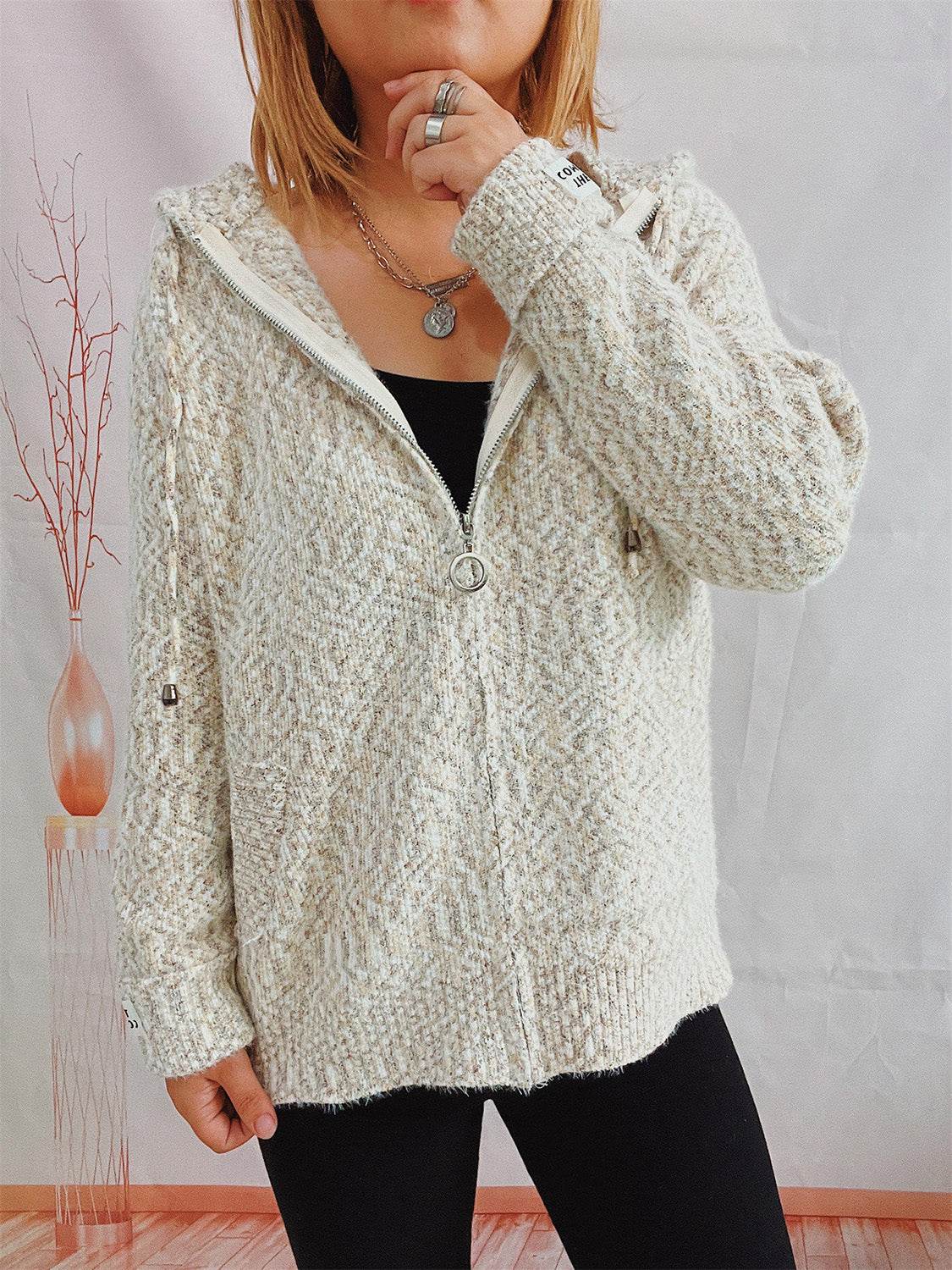 Zip Up Drawstring Long Sleeve Hooded Sweater - Delanoir