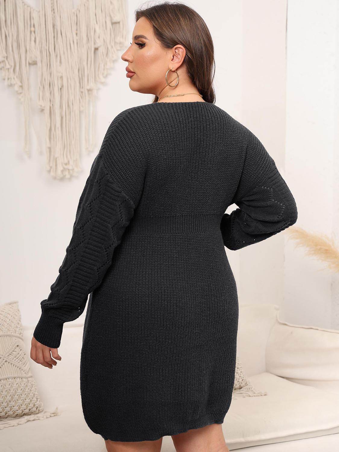Plus Size Dropped Shoulder Long Sleeve Knit Mini Dress - Delanoir