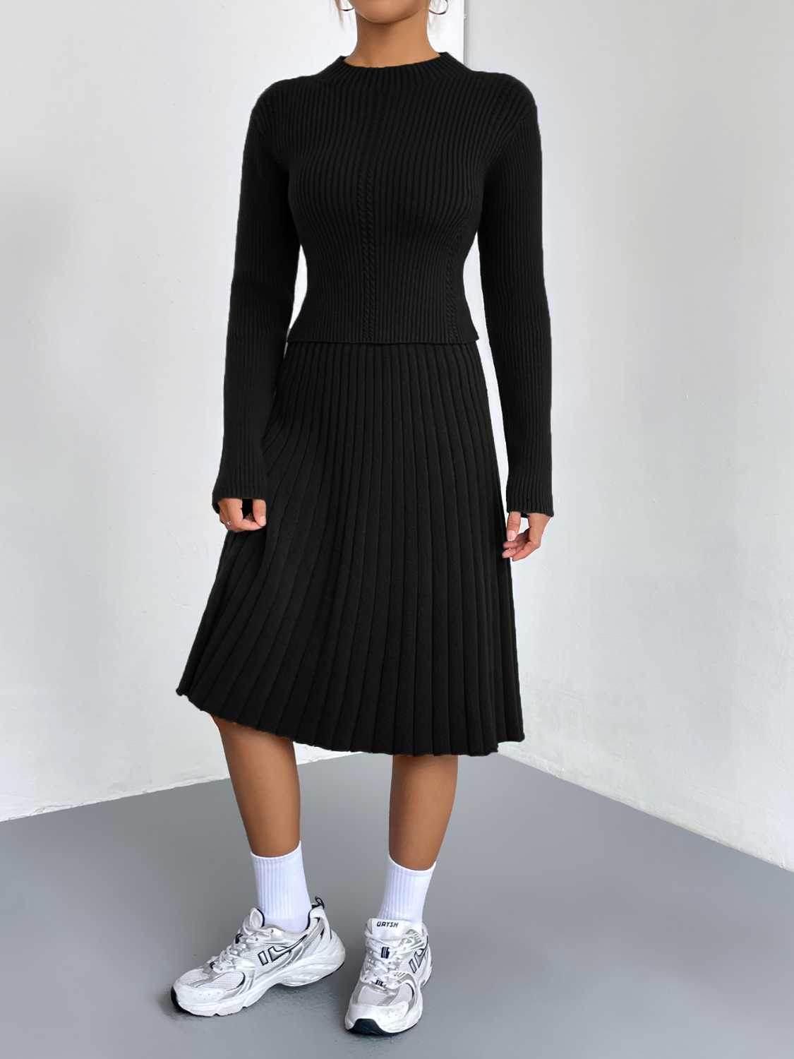Rib-Knit Sweater and Skirt Set - Delanoir