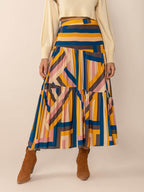 Ruched Elastic Waist Contrast Midi Skirt - Delanoir