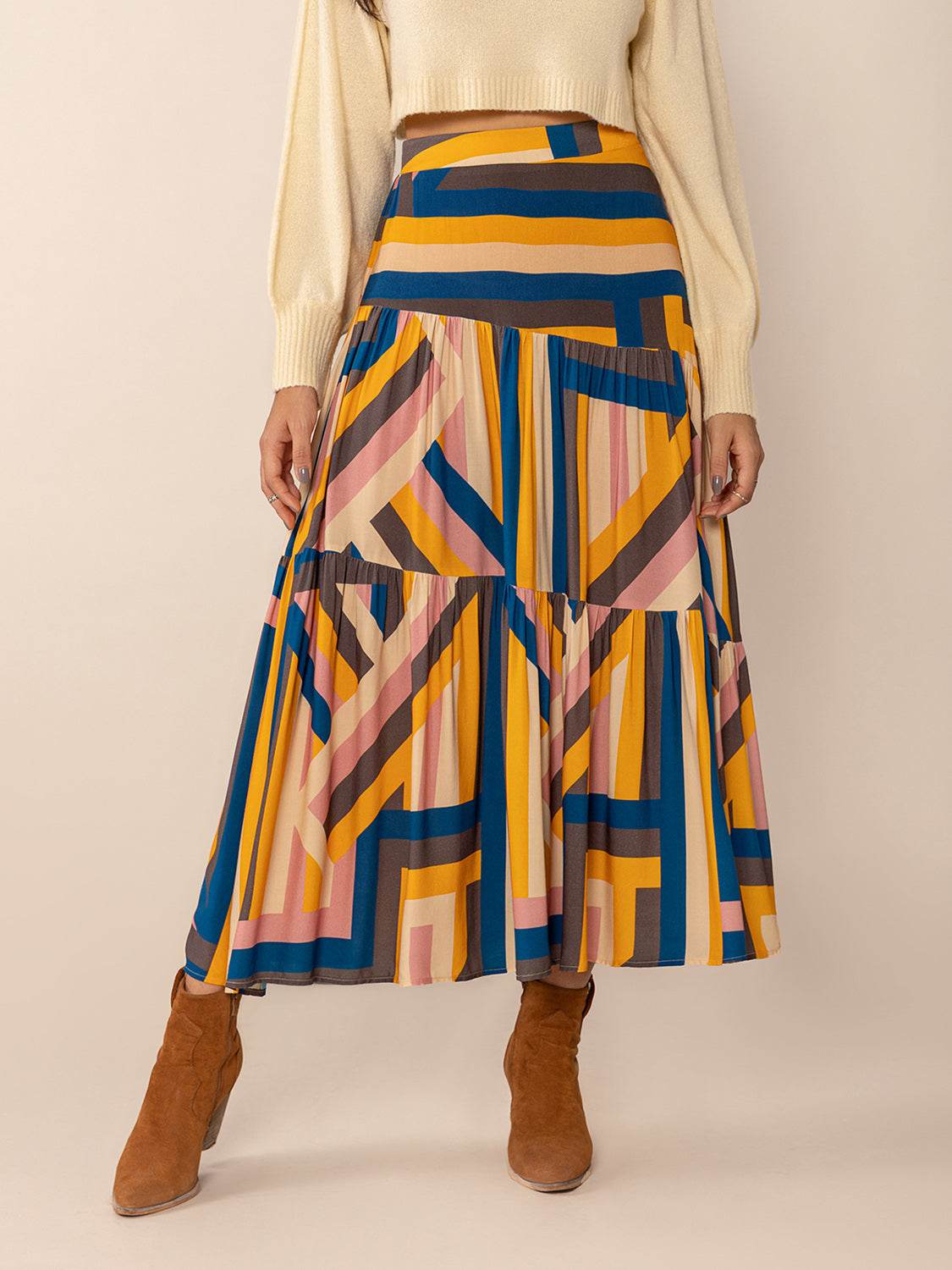 Ruched Elastic Waist Contrast Midi Skirt - Delanoir